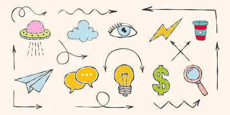 Hand-drawn graphic elements for design. Casual doodles icons and objects. vector scalable graphicsのイラスト素材
