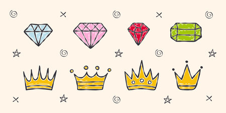 Hand-drawn diamonds and crowns for design. Casual doodles icons and objects. vector scalable graphicsのイラスト素材