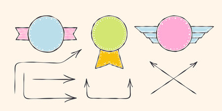 Hand-drawn badges and arrows for design. Casual doodles icons and objects. vector scalable graphicsのイラスト素材