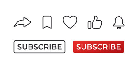 Subscribe red button, notification bell, share icon, heart and like. Line icons. vector scalable graphicsのイラスト素材