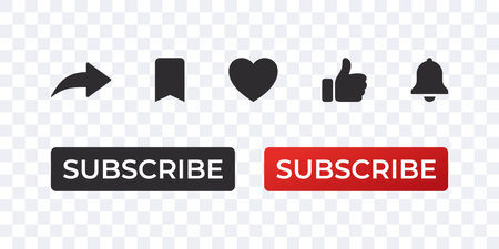 Subscribe red button, notification bell, share icon, heart and like. vector scalable graphicsのイラスト素材