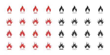 Fire or flame icons set. Red and black fire icons. vector scalable graphicsのイラスト素材