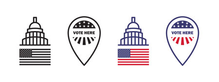 Vote here badges. US Election and voting. Voting in election. Vector scalable graphicsのイラスト素材