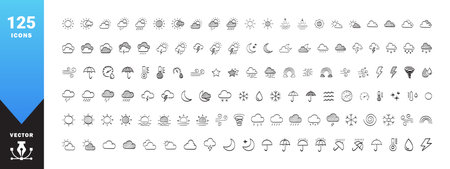 Weather icons set. Drawn weather icons. Weather forecast sign symbols. Vector scalable graphicsのイラスト素材