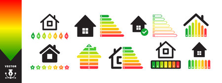 Energy efficiency icons set. Energy efficient house with classification graph. Vector scalable graphicsのイラスト素材