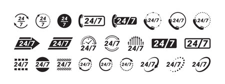 24 hour service icons set. 24 hours 7 days in week support icons. Vector scalable graphicsのイラスト素材