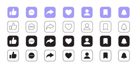 Like, comment, share, repost. Social media interface icons flat and linear style. Vector scalable graphicsのイラスト素材