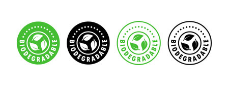 Biodegradable badges set. Recycle signs. Icons of reusable plastic bio packaging. Vector iconsのイラスト素材