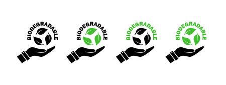 Biodegradable. Hands with icons. Icons of reusable plastic bio packaging. Vector iconsのイラスト素材