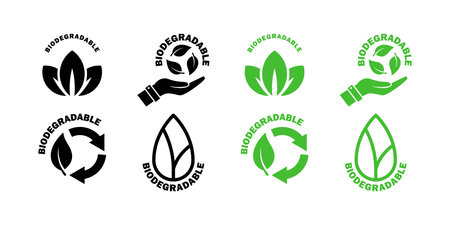 Biodegradable icons set. Ecological succession. Icons of reusable plastic bio packaging. Vector iconsのイラスト素材