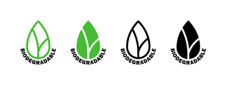 Biodegradable. Leaf icons. Icons of reusable plastic bio packaging. Vector iconsのイラスト素材