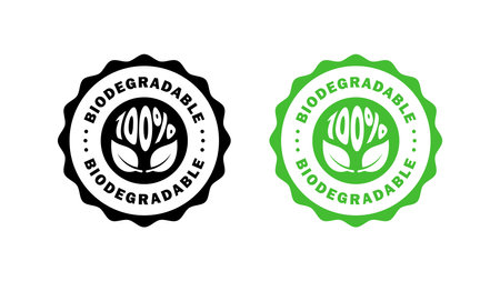 Biodegradable badges icons. Ecological succession icons. Recyclable and degradable package stamp. Vector iconsのイラスト素材