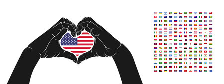 Hands show the shape of a heart. Flags of countries of the world. Vector imageのイラスト素材