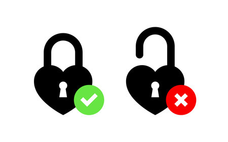 Heart-shaped padlocks with a green check mark and a cross symbolのイラスト素材