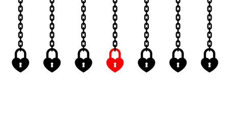 A row of heart-shaped locks hanging from chains on a white backgroundのイラスト素材