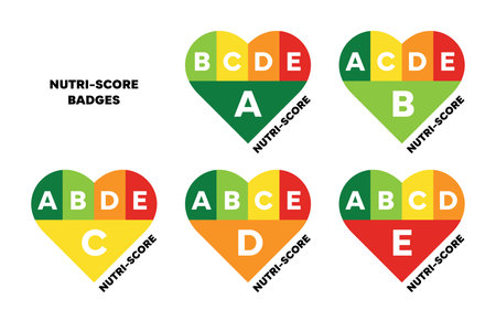 Nutri-Score labels heart-shaped. Nutritional quality of foods stickersのイラスト素材