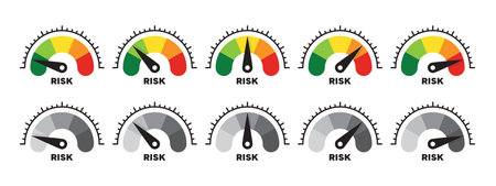 Risk meter icon set. Risk concept on speedometerのイラスト素材