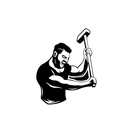 Smithy logo. Stylized blacksmith silhouette working with hammer and anvil,Simple modern vector hammer big.のイラスト素材