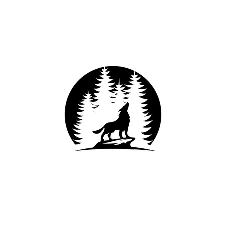 logo with wolf,Wolf standing on the stone  and  Forest spruce trees