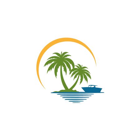 Tropical palm on island with sea and sailboat  Vector logoのイラスト素材