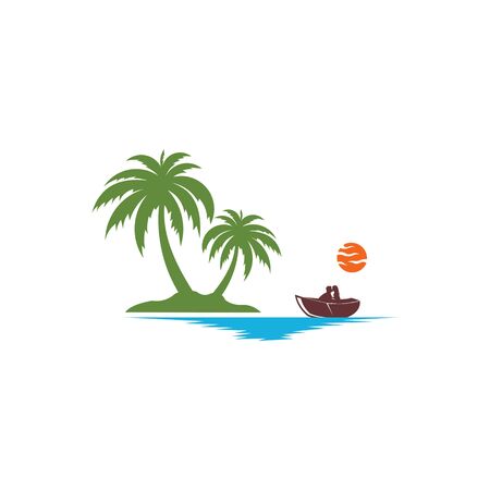 Tropical palm on island with sea and sailboat  Vector logoのイラスト素材