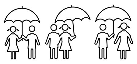 man and woman with umbrella icon set, Male and female under the rain in different posesのイラスト素材