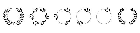 Set icon of black laurels frames branches with circle borders.collection laurel leaves decorative elements vector icon illustrationのイラスト素材