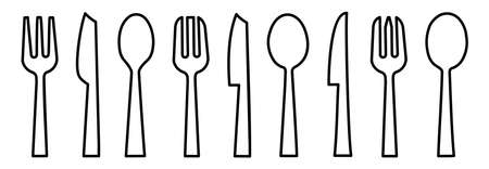 Tableware Vector illustration spoon, Fork, knife, and plate icon set in line style, Dinner service collectionのイラスト素材