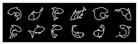 ,Fish related icons thin vector set black and whiteのイラスト素材
