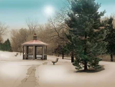 scenery of a tinted and painted gazebo in winterの写真素材