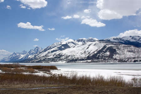 a scene of the Rockies and a lakeの写真素材