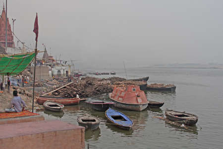 boats on the Ganges River in Varanasi, Indiaの写真素材