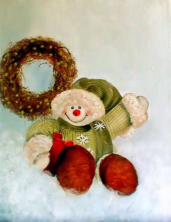 a snowman and wreath Christmas cardの写真素材