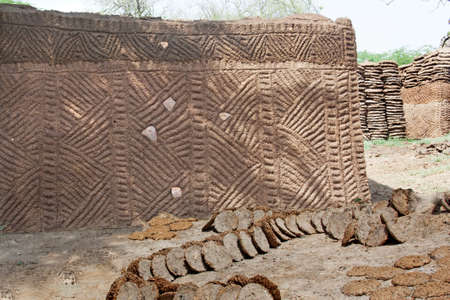 Cow pies/patties used for fuel and a protective covering made of dungの写真素材