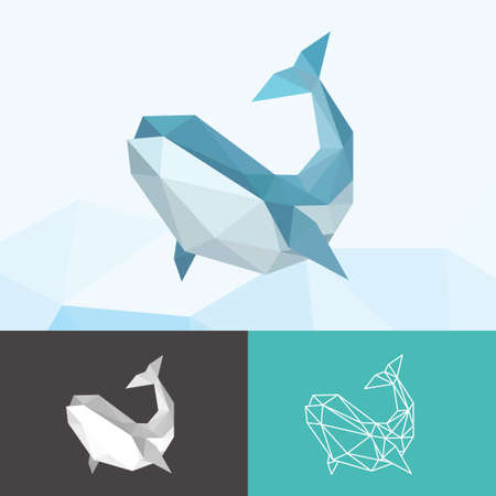 WHALE SEA ANIMALS LOW POLY LOGO ICON SYMBOL SET. TRIANGLE GEOMETRIC POLYGONのイラスト素材