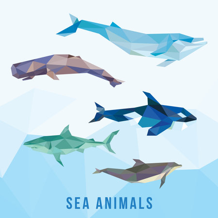 SEA ANIMALS LOW POLY LOGO ICON SYMBOL SET. TRIANGLE GEOMETRIC POLYGONのイラスト素材