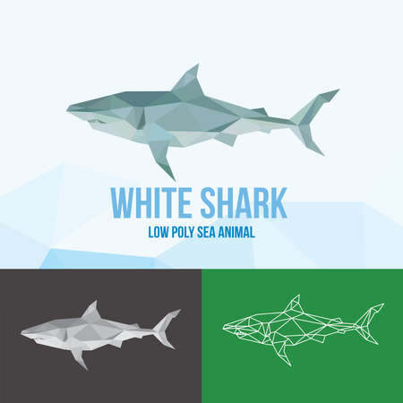 WHITE SHARK SEA ANIMALS LOW POLY LOGO ICON SYMBOL SET. TRIANGLE GEOMETRIC POLYGONのイラスト素材