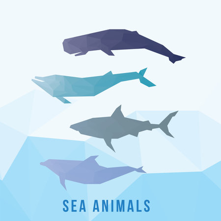 SEA ANIMALS LOW POLY LOGO ICON SYMBOL SET. TRIANGLE GEOMETRIC POLYGONのイラスト素材