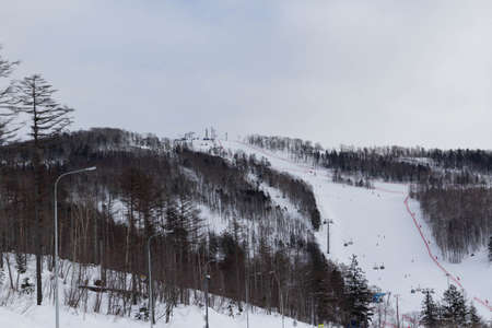 Ski campsite in winter, with a cable car.の写真素材