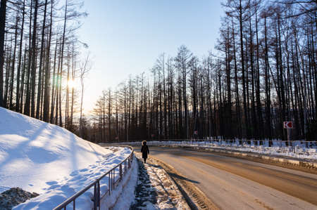 winding mountain road in the evening in winter.の写真素材