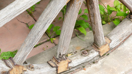 Wooden wheel of an old cannon in the city