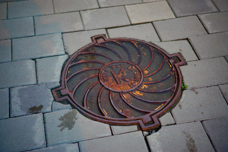 Manhole cover in the city of Krakow, Poland.の写真素材