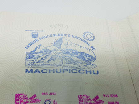 Machu Picchu stamp in Peru in a passportのeditorial素材