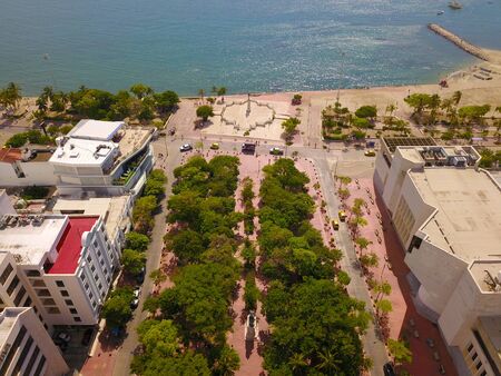 Aerial view of Bolivar Park, the malecon and the sea of Santa Marta Colombiaの写真素材