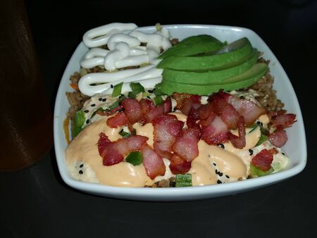 Yakimeshi with Bacon, Bowl of Chinese Rice and Avocado and Chipotle Dressingの写真素材