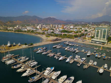 Aerial view of several yachts in Santa Marta pier, Colombiaのeditorial素材