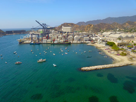 Aerial view of the Port of Santa Marta, several containers, blue sea and shipsのeditorial素材