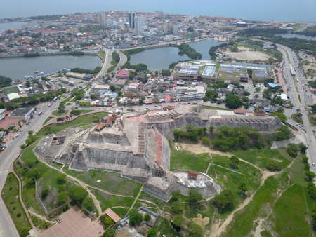 Aerial view of the castle of San Felipe and part of the center of Cartagena, Colombiaのeditorial素材