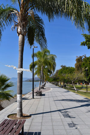 Vertical View of the Ajijic boardwalk, with Lake Chapala in the backgroundの写真素材