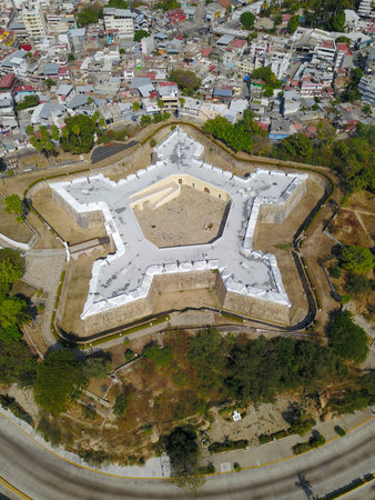 Vertical Aerial view of Fort San Diego in Acapulco, taken with a drone